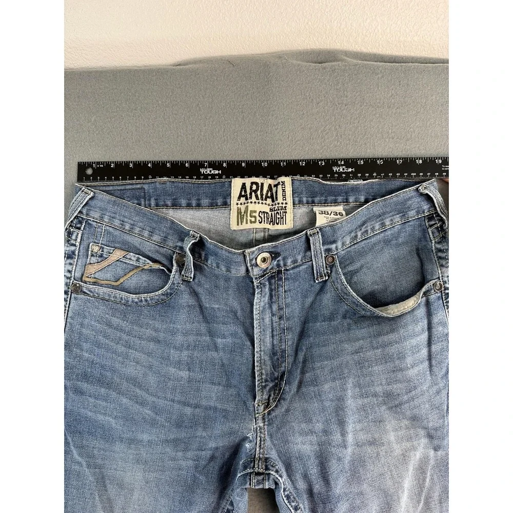 Ariat M5 Slim Straight Jeans Mens 38x36 Med Wash Blue Straight Distressed Denim